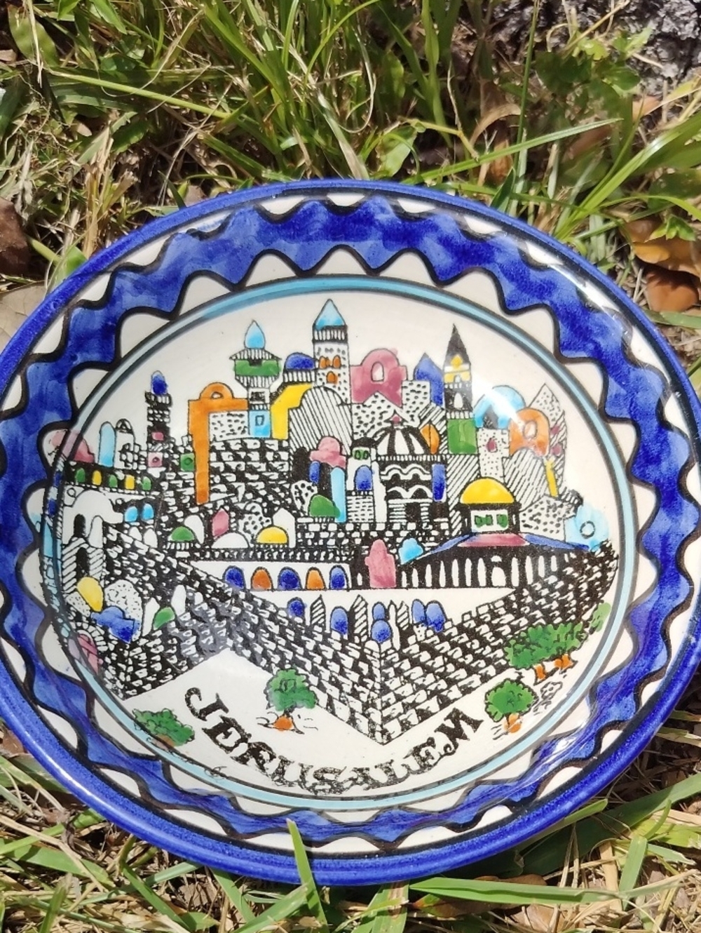 Hand-Painted Armenian Jerusalem Decorative Ceramic Plate - Blue Accents